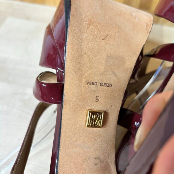 Pour le Victoire Burgundy Patent Leather Platform Strappy Heels 9 - Picture 12 of 12